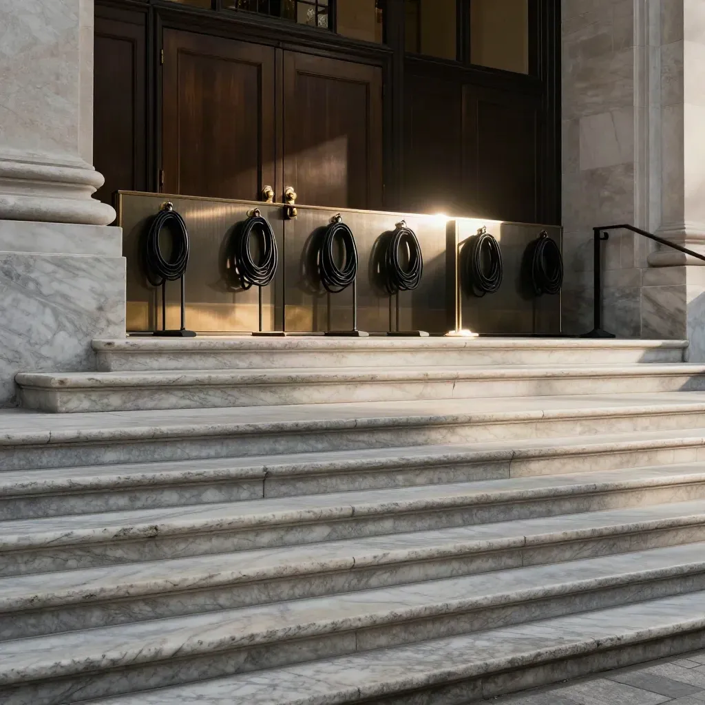Marble courthouse steps, sealed doors and press barricade in harsh noon light.