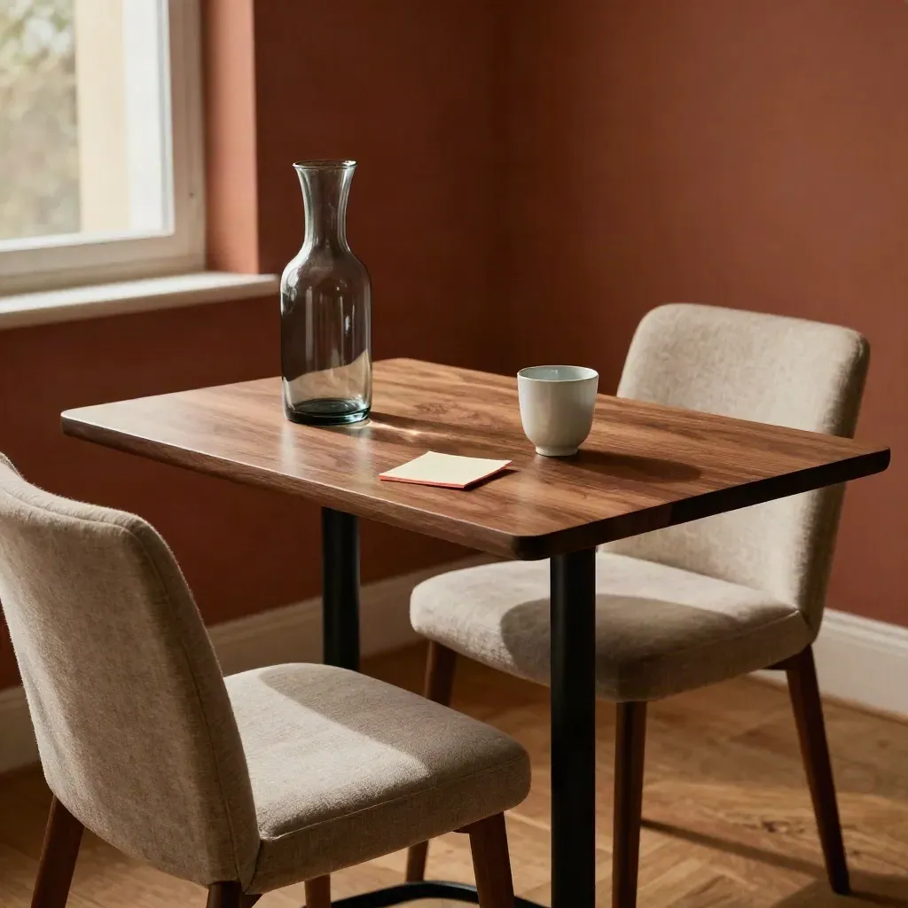 Empty interview table with two chairs, glass carafe and face-down card in warm studio light.
