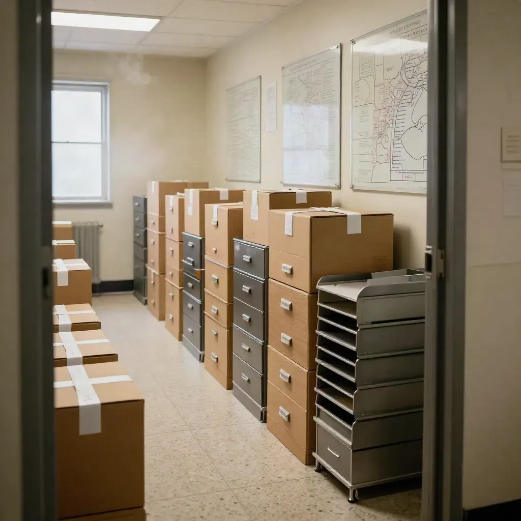 High-angle election archive aisle with ballot boxes, drawers, and blurred map boards