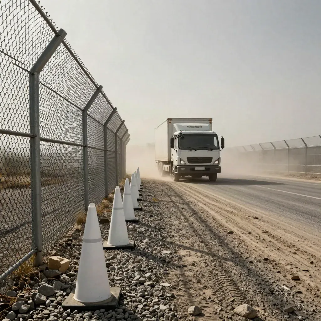Border fence, cargo truck, cones, and dust at a tense checkpoint shoulder.