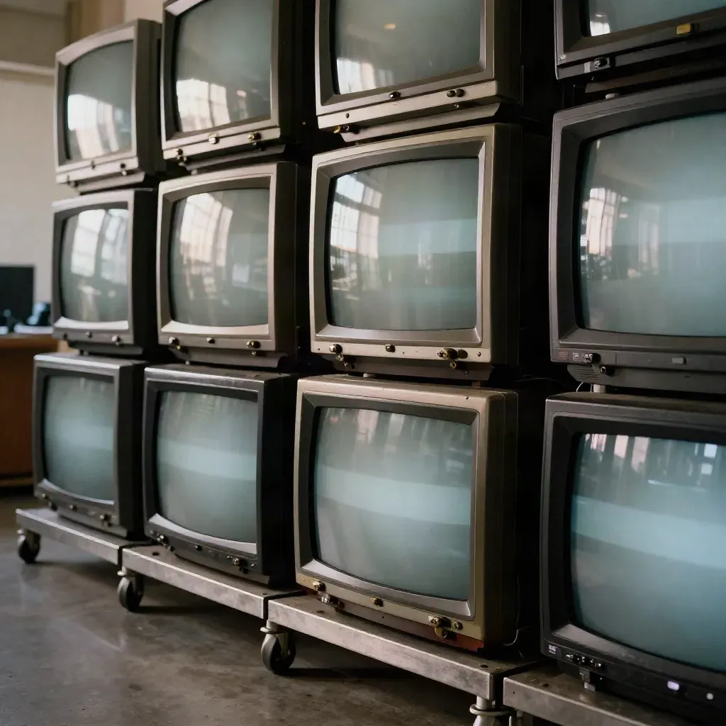 Muted televisions flicker over a media cart in a hazy newsroom aisle.