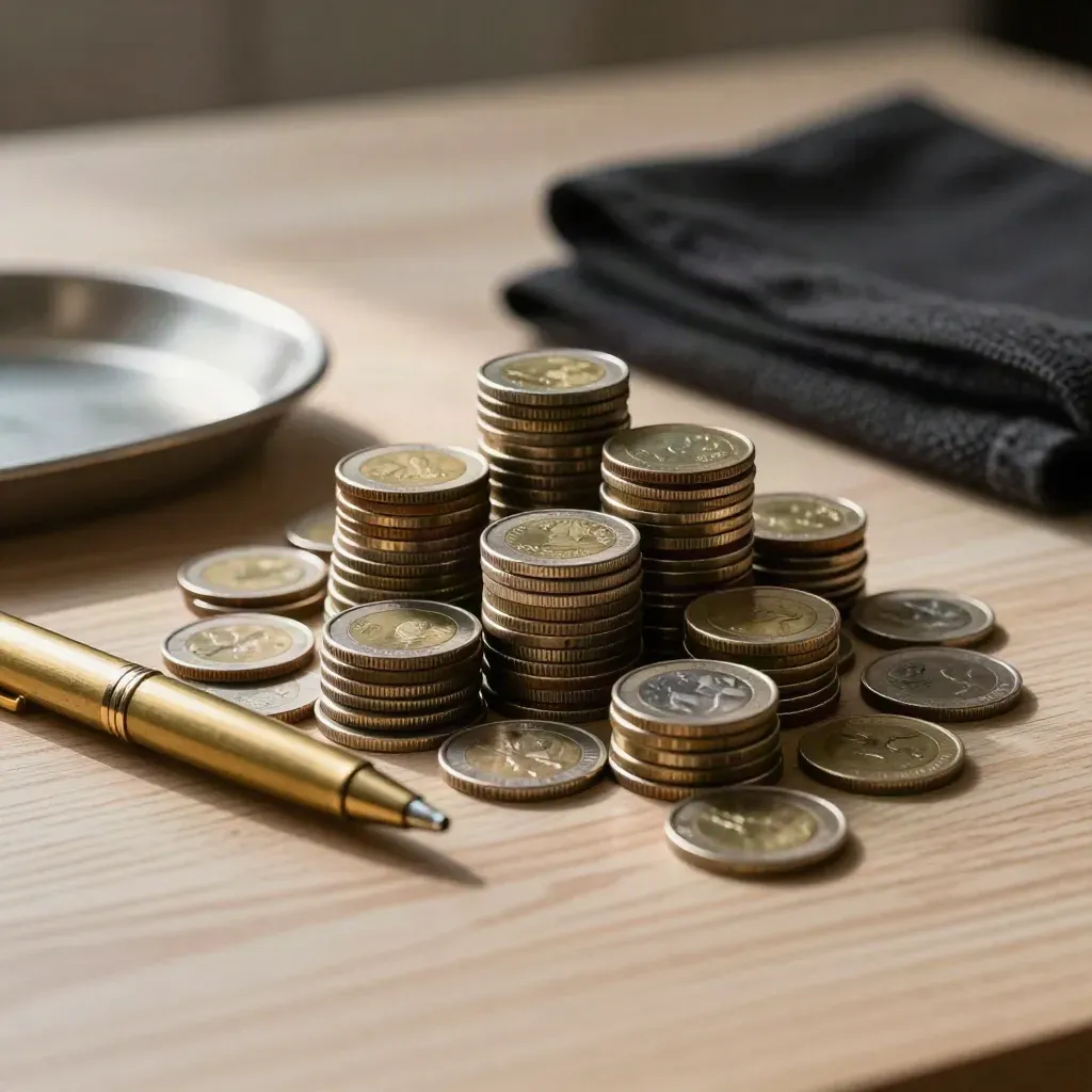 Coins, brass pen, metal tray and charcoal cloth on pale oak in soft side light.