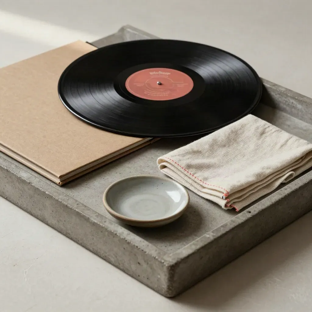 Vinyl record, book, ceramic dish, and linen napkin on a concrete tray in soft daylight.